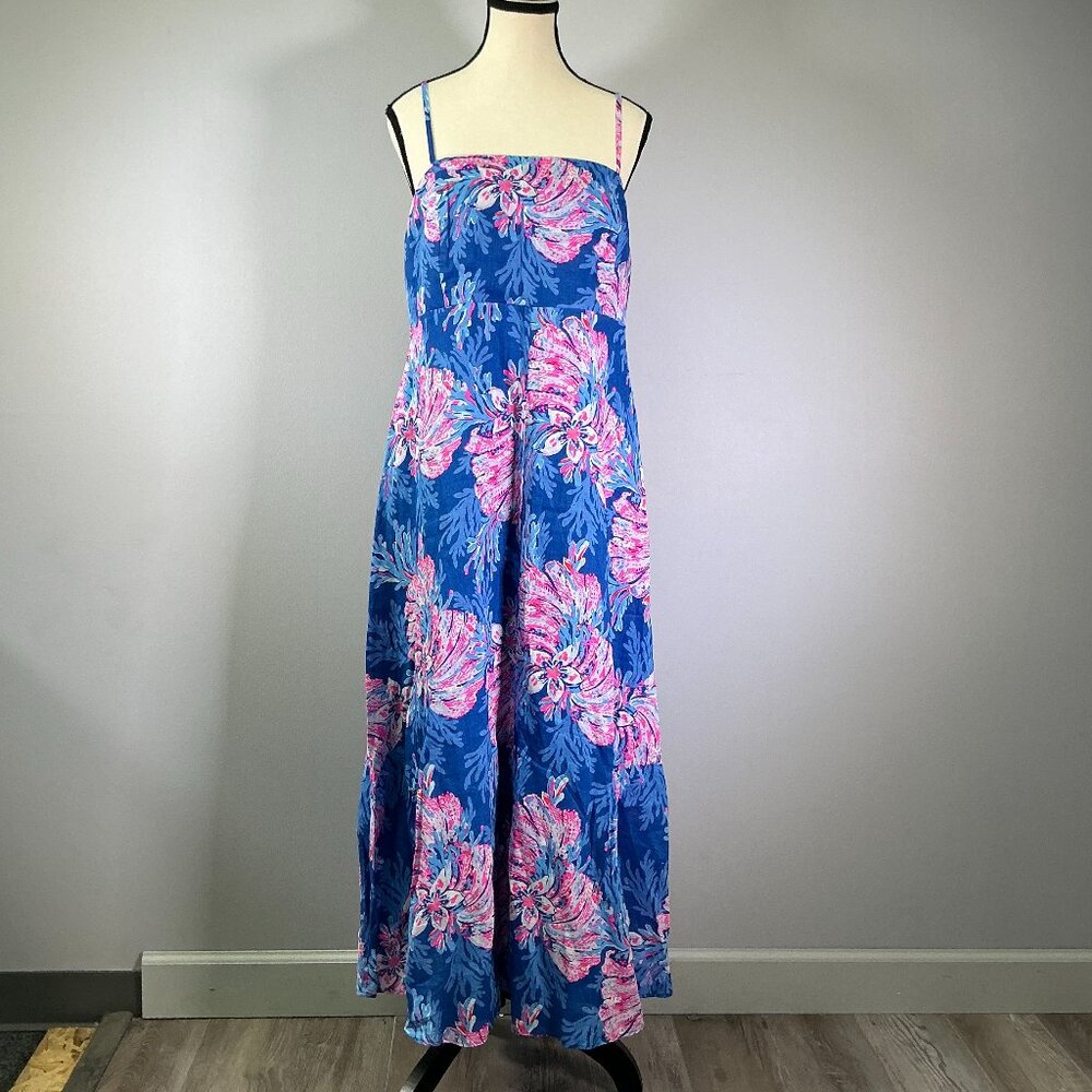 Lilly Pulitzer Blue Floral Midi Sundress with Pink Accents